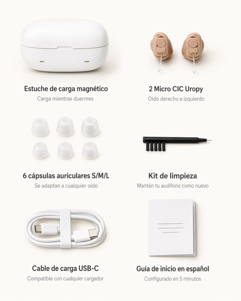 Pełna zawartość pudełka Uropy: para aparatów Micro CIC, etui ładujące, 4 rozmiary wkładek S/M/L/XL, 2 kable USB-C i instrukcja po polsku